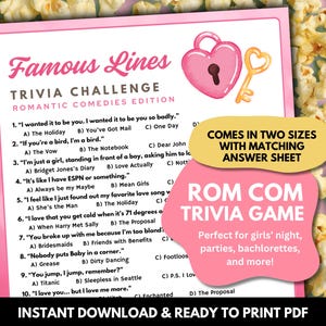 Pode incluir: Um cartão de jogo de perguntas rosa com o texto "Famous Lines Trivia Challenge" e um gráfico de cadeado e chave em forma de coração. O cartão inclui perguntas de comédias românticas. O texto "Instant Download & Ready to Print PDF" está na parte inferior.