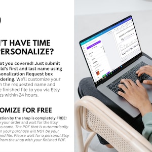 May include: A person using a laptop showing a personalized PDF with the names "Robert" and "Steven". The text on the left side reads "DON'T HAVE TIME TO PERSONALIZE?" and "CUSTOMIZE FOR FREE".