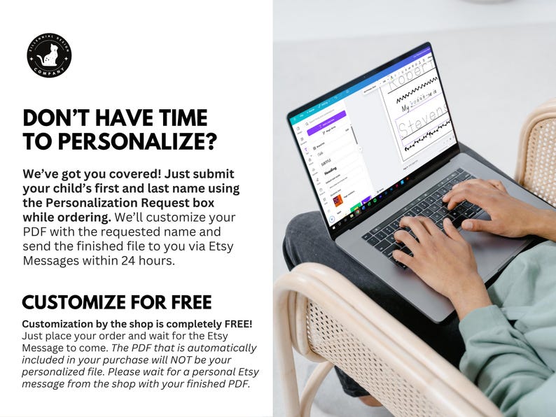 May include: A person using a laptop showing a personalized PDF with the names "Robert" and "Steven". The text on the left side reads "DON'T HAVE TIME TO PERSONALIZE?" and "CUSTOMIZE FOR FREE".