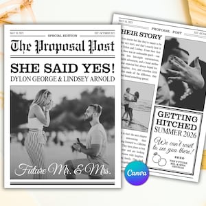 Annuncio di fidanzamento sul giornale: modello Canva stampabile "Save the Date" in stile vintage (download digitale, formati stampabili 5x7 e 8x10)