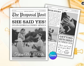 Engagement Newspaper Announcement: Printable Save the Date Vintage Style Canva Template (Digital Download, Printable 5x7 & 8x10 Sizes)