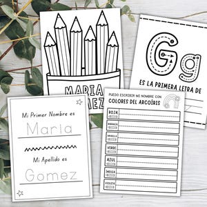 May include: Black and white educational printables for children. Includes pages for writing the name "Maria" and the last name "Gomez", tracing the letter "G", and a color matching activity. Features pencil illustrations.