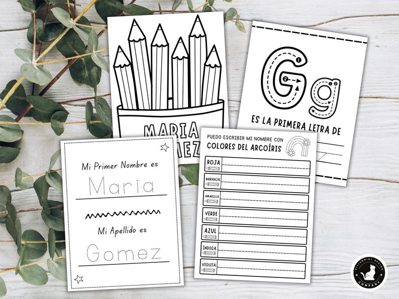 May include: Black and white educational printables for children. Includes pages for writing the name "Maria" and the last name "Gomez", tracing the letter "G", and a color matching activity. Features pencil illustrations.