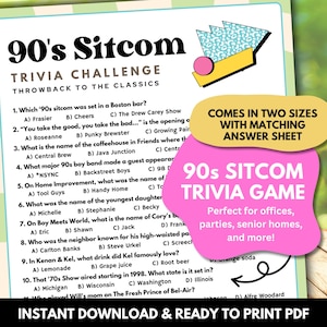 90s Sitcom Trivia Game: Retro TV Show Party (Printable PDF Download)