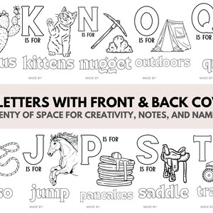 May include: Black and white coloring book pages featuring the alphabet from A to T. Each letter is illustrated with a picture and a word that starts with that letter. For example, the letter C is illustrated with a cactus and the word "cactus".
