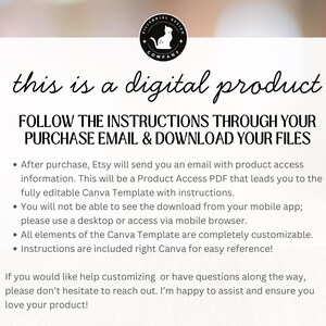 May include: White digital product information card with black text. The text reads "this is a digital product" and provides instructions for downloading files after purchase. A circular logo with a cat silhouette is in the top corner.