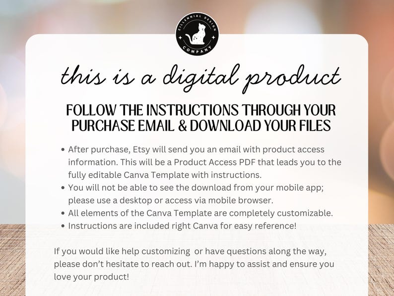 May include: White digital product information card with black text. The text reads "this is a digital product" and provides instructions for downloading files after purchase. A circular logo with a cat silhouette is in the top corner.