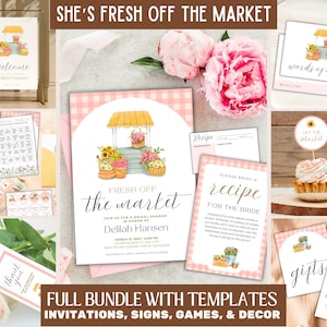 Invitación para despedida de soltera recién salida del mercado, decoración, juegos, letreros, paquete de etiquetas de regalo / Plantilla editable de Canva para boda en el mercado de flores de agricultores
