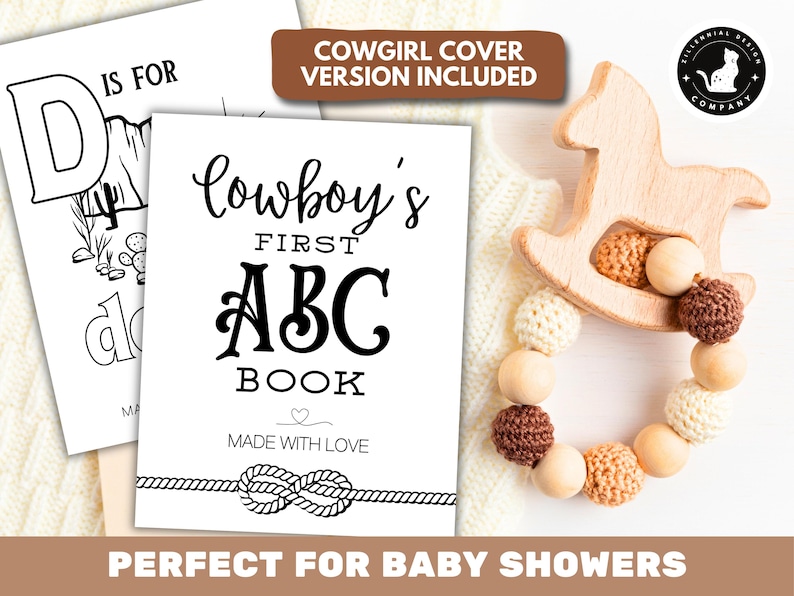 May include: Black and white printable cover for a baby's first ABC book. The cover features the text "Cowboy's First ABC Book" with a rope knot design and the words "Made with Love".