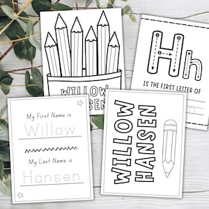 May include: Four white cards with black line drawings and text. One card has pencils in a pencil holder with the text "Willow Hansen". Another card has the letter "H" with the text "Is the first letter of". The other two cards have the name "Willow Hansen".