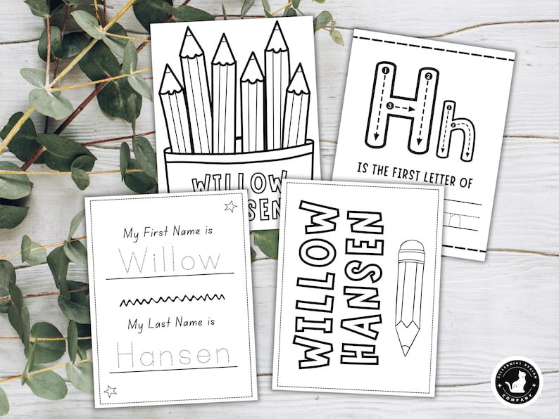 May include: Four white cards with black line drawings and text. One card has pencils in a pencil holder with the text "Willow Hansen". Another card has the letter "H" with the text "Is the first letter of". The other two cards have the name "Willow Hansen".