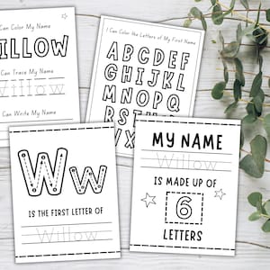 May include: Four white activity sheets for children. The sheets feature the name "Willow" in large letters, with tracing and writing practice lines. One sheet shows the alphabet, and another highlights the number of letters in the name.