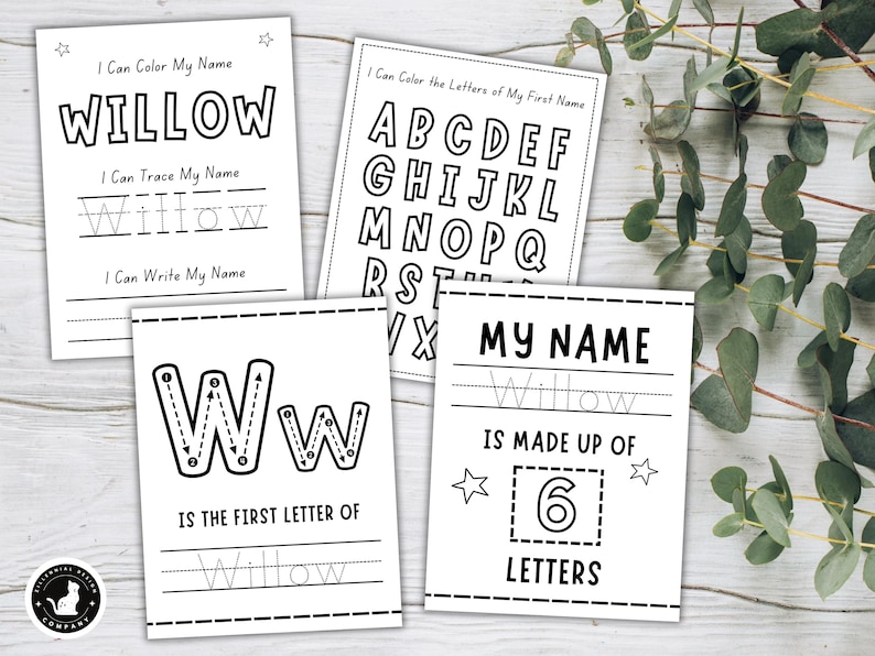 May include: Four white activity sheets for children. The sheets feature the name "Willow" in large letters, with tracing and writing practice lines. One sheet shows the alphabet, and another highlights the number of letters in the name.