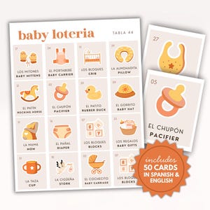 May include: A baby loteria game set with 50 cards in Spanish and English. The game features illustrated cards with baby-related images and Spanish and English text. Includes a game board with numbered squares.