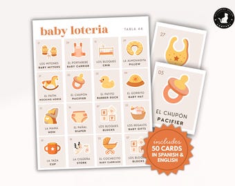 Neutral Baby Shower Loteria Printable Game in Spanish and English Bilingual Boho Minimalist Loteria de Bebe Cielito Lindo Adult Shower Games