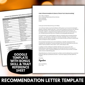 Plantilla de carta de recomendación Plantilla editable Google Docs Word PDF / Carta de recomendación de referencia para hermandad, universidad, pasantía, trabajo