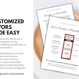 May include: White paper templates for matchbook design, with instructions and diagrams. Text reads "CUSTOMIZED FAVORS MADE EASY" and "Let's Create a Matchbook!" Includes measurements in inches for design placement. Ideal for weddings and parties.