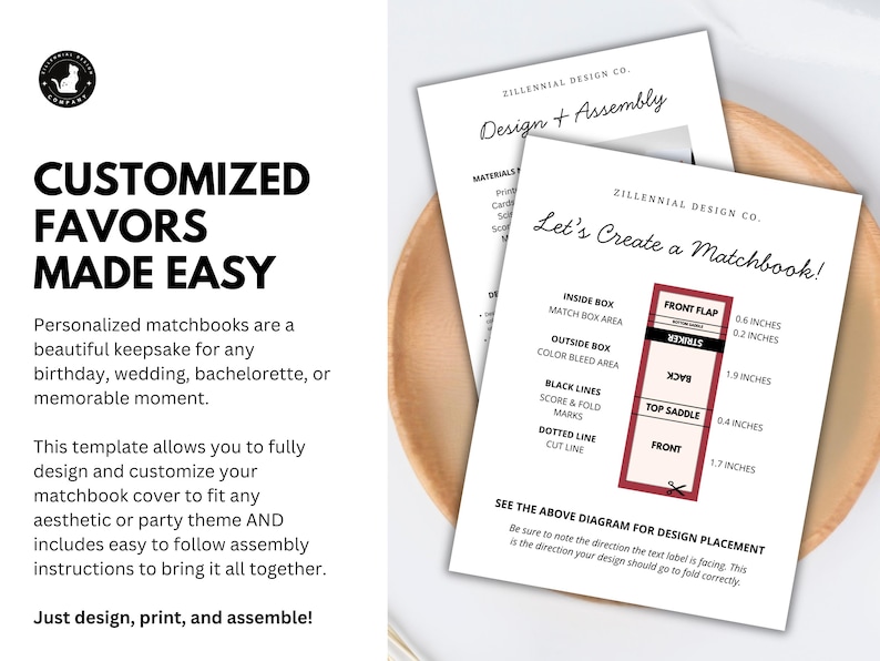 May include: White paper templates for matchbook design, with instructions and diagrams. Text reads "CUSTOMIZED FAVORS MADE EASY" and "Let's Create a Matchbook!" Includes measurements in inches for design placement. Ideal for weddings and parties.