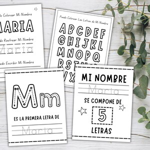 May include: Black and white educational worksheets with the name "Maria" in Spanish. The worksheets include tracing and writing exercises, along with the alphabet and letter recognition activities. The theme is learning.