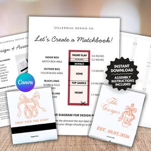 May include: A design guide for matchbooks with the text "Let's Create a Matchbook!" and "Instant Download Assembly Instructions Included." The guide includes dimensions in inches and a Canva logo. Two matchbooks are shown.