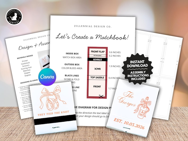 May include: A design guide for matchbooks with the text "Let's Create a Matchbook!" and "Instant Download Assembly Instructions Included." The guide includes dimensions in inches and a Canva logo. Two matchbooks are shown.