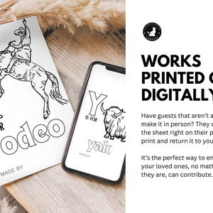 May include: Black and white printable coloring pages featuring the letters R and Y with illustrations of a rodeo rider and a yak. The text "R is for rodeo" and "Y is for yak" is included on the pages.