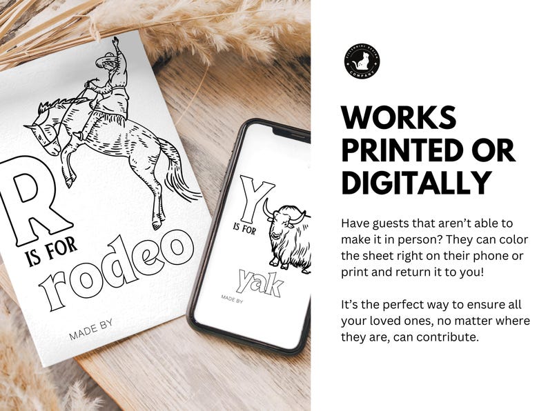 May include: Black and white printable coloring pages featuring the letters R and Y with illustrations of a rodeo rider and a yak. The text "R is for rodeo" and "Y is for yak" is included on the pages.