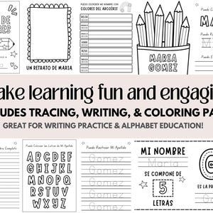 May include: Black and white educational workbook pages with tracing, writing, and coloring activities. Includes pages for writing names, drawing portraits, and learning the alphabet. The text reads "make learning fun and engaging."