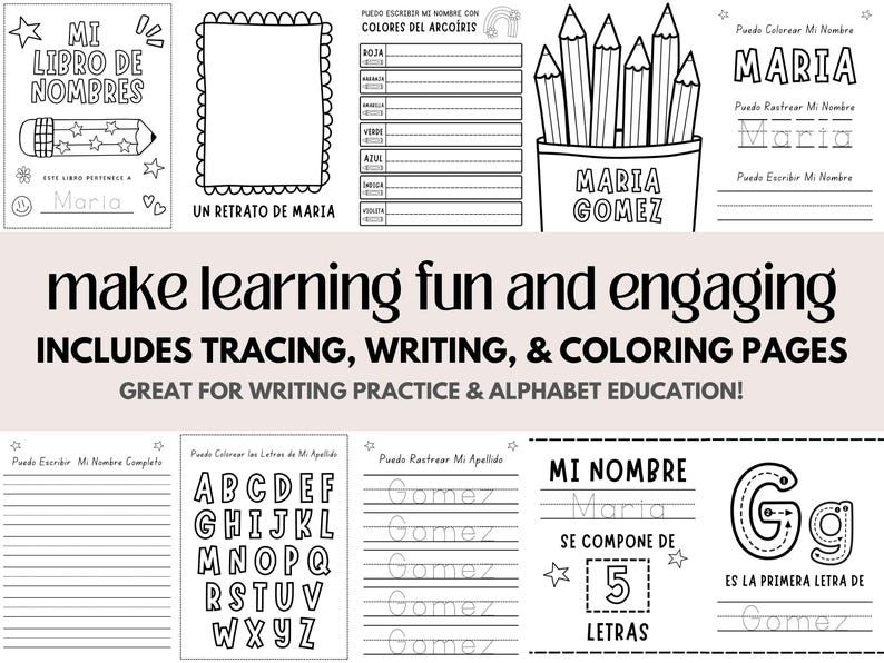 May include: Black and white educational workbook pages with tracing, writing, and coloring activities. Includes pages for writing names, drawing portraits, and learning the alphabet. The text reads "make learning fun and engaging."