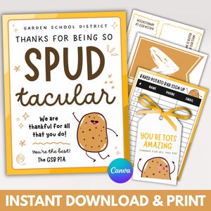 Op de afbeelding: Een verzameling bedankkaarten en borden om af te drukken met een aardappelthema. Het hoofdbord zegt "Thanks for being so Spudtacular" met een cartoon aardappel illustratie. Andere kaarten zijn onder meer een inschrijfformulier voor de baked potato bar.