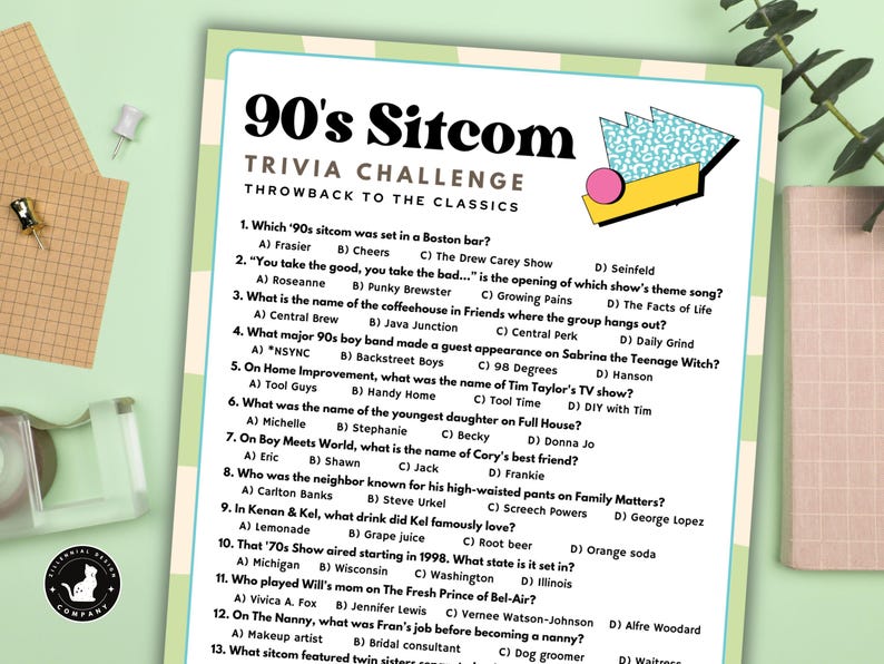 90s Sitcom Trivia Game With Answers: Retro TV Show Parties, Baby ...