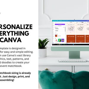 May include: A desktop computer displays a Canva design interface with wedding-themed graphics. The screen shows a matchbook template with customizable elements. Text on the screen reads "Reading" and "Est. 05.05.2024". The text "PERSONALIZE EVERYTHING IN CANVA" is also visible.