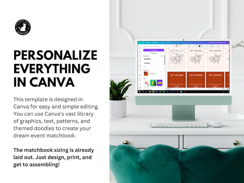 May include: A desktop computer displays a Canva design interface with wedding-themed graphics. The screen shows a matchbook template with customizable elements. Text on the screen reads "Reading" and "Est. 05.05.2024". The text "PERSONALIZE EVERYTHING IN CANVA" is also visible.