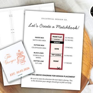 May include: A white matchbook design guide with a diagram showing dimensions in inches. The guide includes a matchbook with the text "The Georges" and the date "EST. 10.03.2026". The design is on a wooden tray.