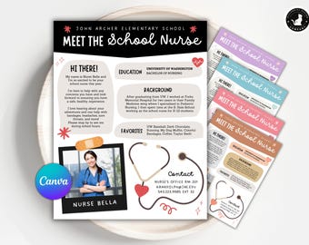Puede incluir: Un folleto titulado "Conoce a la enfermera escolar" con información sobre la enfermera Bella. El folleto incluye una foto de la enfermera Bella, un gráfico de estetoscopio e información de contacto. También se ven varios folletos más pequeños.