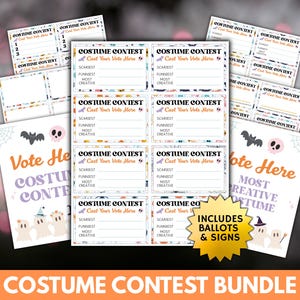 May include: A collection of Halloween costume contest materials. Includes ballots, signs, and voting cards with the text "Costume Contest" and "Cast Your Vote Here." The design features bats, ghosts, and a skull.