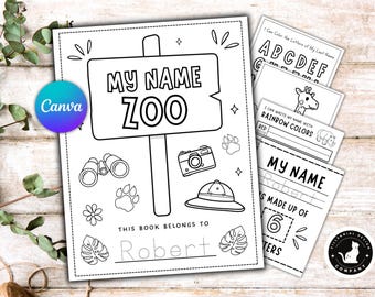 Puede incluir: Libro de actividades para niños en blanco y negro con el texto "MY NAME ZOO" en la portada. El libro incluye páginas para colorear, escribir nombres y aprender el alfabeto. El libro está diseñado para niños.