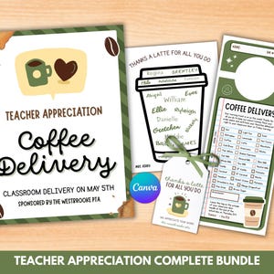 Peut inclure: Un ensemble de reconnaissance des enseignants sur le thème du café. Comprend une affiche avec le texte "Coffee Delivery", une étiquette en forme de tasse à café et un accroche-porte avec un bon de commande de café. Sponsorisé par le Westbrook PTA.