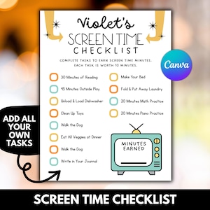 May include: A printable checklist for kids to earn screen time. The checklist has a retro TV design and includes tasks like reading, outside play, chores, and math practice. Each task is worth 10 minutes of screen time.