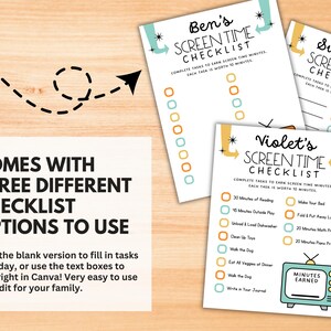 May include: Three printable screen time checklists with colorful retro designs. Each checklist has a different name at the top: Ben's, Summer, and Violet's. The checklists feature tasks to earn screen time, such as reading, outdoor play, and chores.  The Violet's checklist also includes a section for minutes earned.