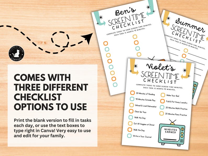 May include: Three printable screen time checklists with colorful retro designs. Each checklist has a different name at the top: Ben's, Summer, and Violet's. The checklists feature tasks to earn screen time, such as reading, outdoor play, and chores.  The Violet's checklist also includes a section for minutes earned.