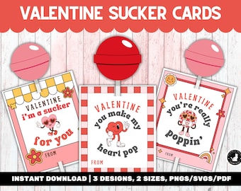 Könnte beinhalten: Drei druckbare Valentinstagskarten mit einem Lollipop-Design und verschiedenen Botschaften: "Ich bin ein Sucker für dich", "Du lässt mein Herz hüpfen" und "Du bist echt der Knaller".