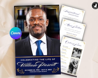 Royal Blue Funeral Program Template: Editable Canva Memorial (Digital Download, with Bookmark