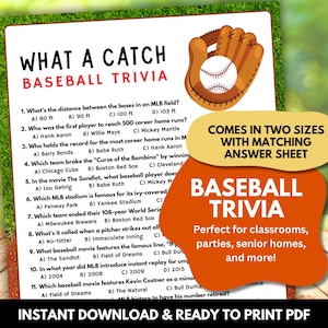 Domande stampabili per giochi di quiz sul baseball / Quiz primaverili sulla giornata di apertura della Major League / Quiz per la festa del papà Bambini, anziani, chiesa, scuola, ufficio