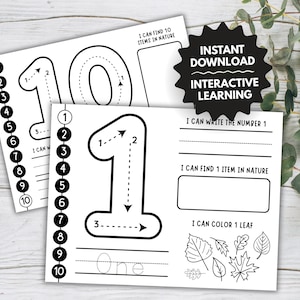 May include: Black and white educational worksheets for learning numbers. The worksheets feature the number 1 with tracing guides, space to write the number, and activities like coloring leaves. Includes the text "Instant Download Interactive Learning."