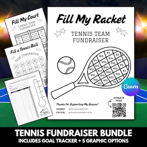 Könnte beinhalten: Ein schwarz-weißes Tennis-Fundraising-Bundle mit mehreren Grafikoptionen. Das Hauptbild zeigt eine Tennis-Schläger-Grafik mit Spendenbeträgen. Zusätzliche Blätter enthalten einen Platz, einen Ball und einen Ziel-Tracker.