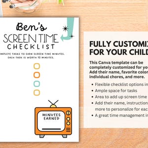 May include: A printable checklist for kids to earn screen time. The checklist has a retro TV design with the words "Minutes Earned" and a customizable area for a child's name. The checklist is fully customizable with options for adding chores, screen time totals, and more.