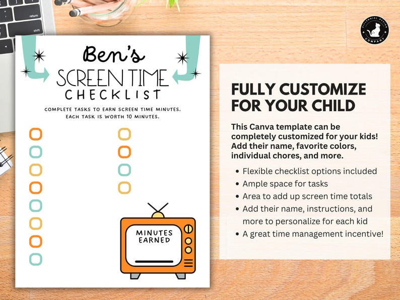 May include: A printable checklist for kids to earn screen time. The checklist has a retro TV design with the words "Minutes Earned" and a customizable area for a child's name. The checklist is fully customizable with options for adding chores, screen time totals, and more.