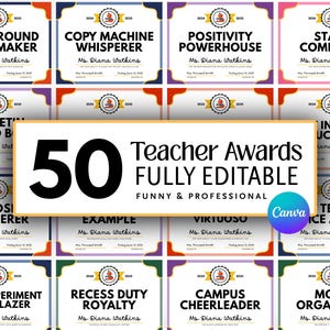 Funny Teacher Awards Superlatives: 50 Customizable Teacher Awards for End of Year Banquet, Back to School, Teacher Appreciation Printable