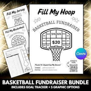 May include: A basketball fundraiser bundle with five graphic options and a goal tracker. The main image features a basketball hoop with donation amounts. Additional sheets include a jersey and team fundraiser, and a tracking sheet.